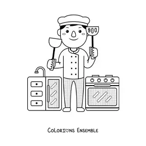 Image à colorier d’un cuisinier kawaii animé dans sa cuisine