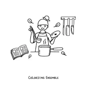 Image à colorier d’une fille qui prépare une soupe dans la cuisine