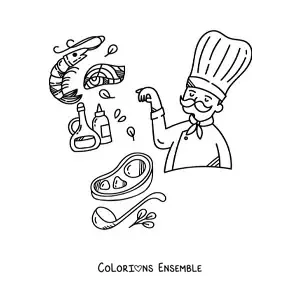 Image à colorier d’un chef qui cuisine de la viande avec ses ingrédients