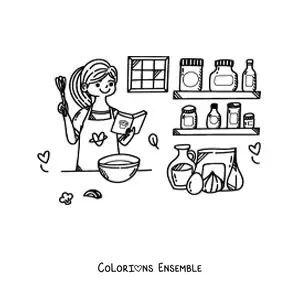 Image à colorier d’une fille qui prépare une soupe dans la cuisine avec un livre de recettes