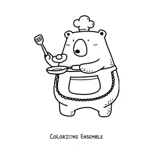 Image à colorier d’un ours cuisinier kawaii animé en train de faire frire un œuf