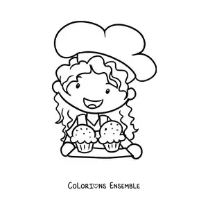 Image à colorier d’une fille cuisinière kawaii avec un plateau de cupcakes