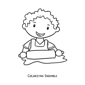 Image à colorier d’un garçon cuisinier kawaii avec un rouleau à pâtisserie