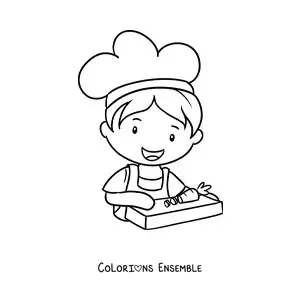 Image à colorier d’un garçon cuisinier kawaii qui coupe des légumes