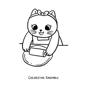 Image à colorier d’une chatte cuisinière kawaii animée qui étale une pâte avec un rouleau