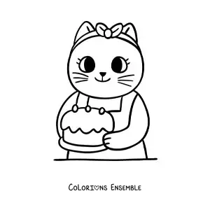 Image à colorier d’une chatte cuisinière kawaii animée avec un gâteau