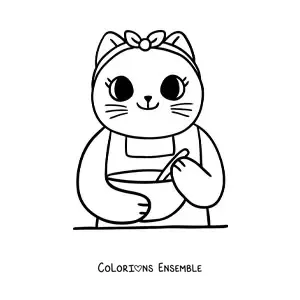 Image à colorier d’une chatte cuisinière kawaii animée en train de cuisiner