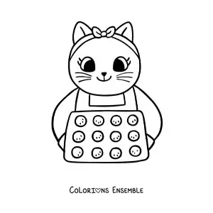 Image à colorier d’une chatte cuisinière kawaii animée qui fait cuire des cupcakes