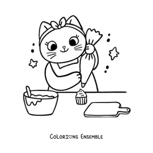 Image à colorier d’une chatte cuisinière kawaii animée qui décore des cupcakes dans la cuisine