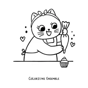 Image à colorier d’une chatte cuisinière kawaii qui décore des cupcakes