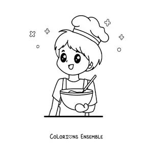 Image à colorier d’un chef kawaii animé en train de cuisiner