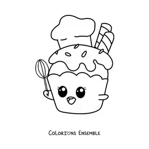 Image à colorier d’un chef cupcake kawaii animé avec un batteur