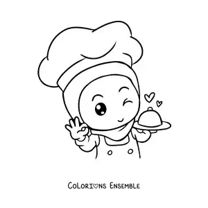 Image à colorier d’une cheffe musulmane kawaii animée