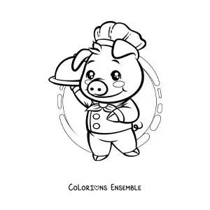 Image à colorier d’un chef cochon kawaii animé avec un plat sur un plateau