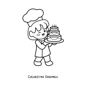 Image à colorier d’une cheffe pâtissière kawaii qui porte un gâteau