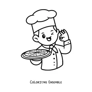 Image à colorier d’un chef pizzaïolo kawaii avec une pizza