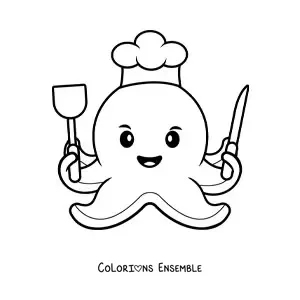Image à colorier d’un chef pieuvre kawaii avec des ustensiles de cuisine