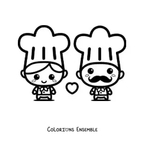 Image à colorier d’un couple de cuisiniers kawaii tout tendres