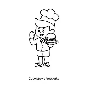 Image à colorier d’un cuisinier kawaii avec un hamburger