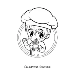 Image à colorier d’un garçon cuisinier kawaii qui mange des frites