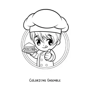 Image à colorier d’un garçon cuisinier kawaii avec un sandwich