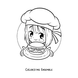 Image à colorier d’une fille cuisinière kawaii avec un hamburger