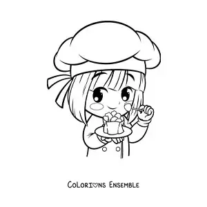 Image à colorier d’une fille cuisinière kawaii avec un plat de nourriture