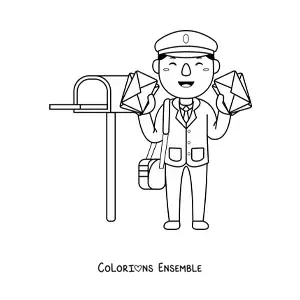 Image à colorier d’un facteur kawaii avec des lettres, à côté de la boîte aux lettres