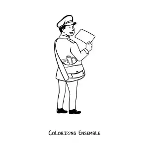 Image à colorier façon dessin animé d’un facteur qui livre le courrier
