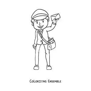 Image à colorier d’un facteur animé avec une lettre