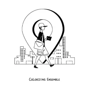 Image à colorier d’un facteur qui marche dans la ville