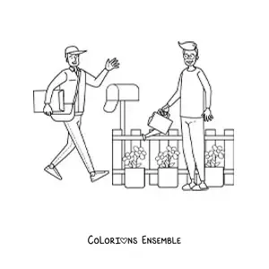 Image à colorier d’un facteur qui dépose le courrier dans la boîte aux lettres