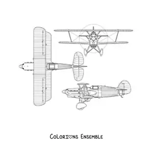 Image à colorier d'un avion de chasse tchécoslovaque Avia B534 sous différents angles