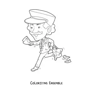 Image à colorier façon dessin animé d’un facteur en train de courir