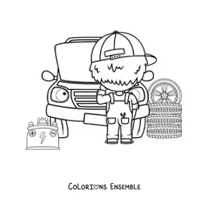 Image à colorier d’un mécanicien automobile qui répare une voiture