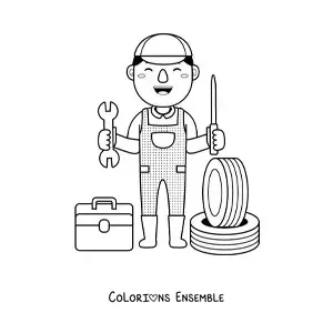Image à colorier d’un mécanicien automobile avec des roues et des outils