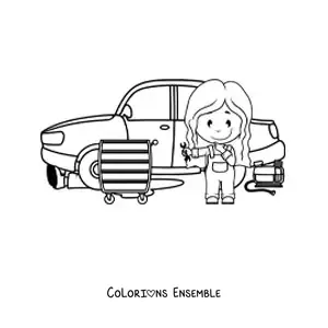Image à colorier d’une fille mécanicienne animée qui répare une voiture