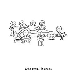 Image à colorier de mécaniciens qui réparent une voiture de Formule 1