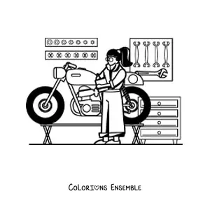 Image à colorier d’une femme qui exerce le métier de mécanicienne dans son atelier avec une moto