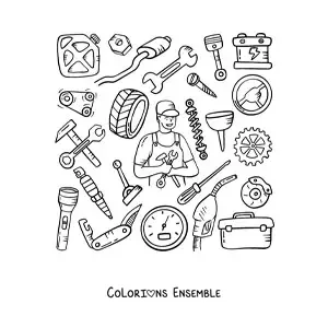 Image à colorier d’un homme qui exerce le métier de mécanicien avec ses outils