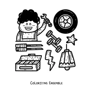 Image à colorier d’un mécanicien automobile animé avec ses outils