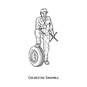 Image à colorier d’un mécanicien automobile réaliste avec une roue