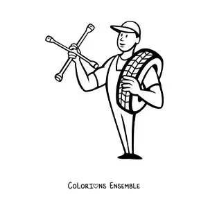 Image à colorier d’un mécanicien automobile animé avec une roue