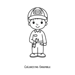 Image à colorier d’un garçon kawaii qui exerce le métier de mécanicien automobile