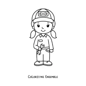 Image à colorier d’une fille kawaii qui exerce le métier de mécanicienne automobile