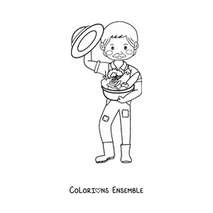 Image à colorier d’un agriculteur kawaii avec des fruits récoltés