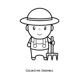Image à colorier d’un agriculteur kawaii avec une fourche