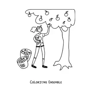 Image à colorier d’une fille qui cueille des pommes dans un arbre