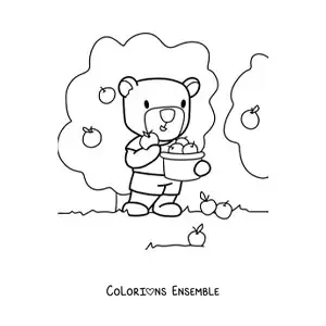 Image à colorier d’un ours animé qui cueille des pommes dans une ferme
