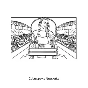 Image à colorier d’une fille qui apporte les fruits de sa récolte au marché